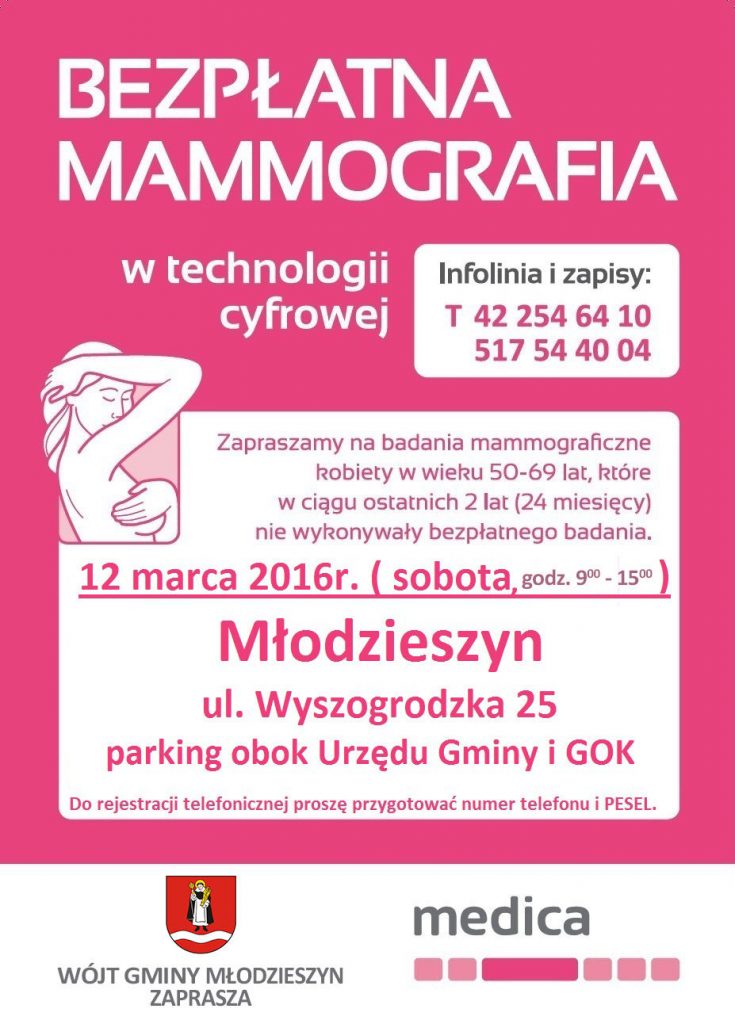 12 marca 2016 - Bezpłatne badania mammograficzne