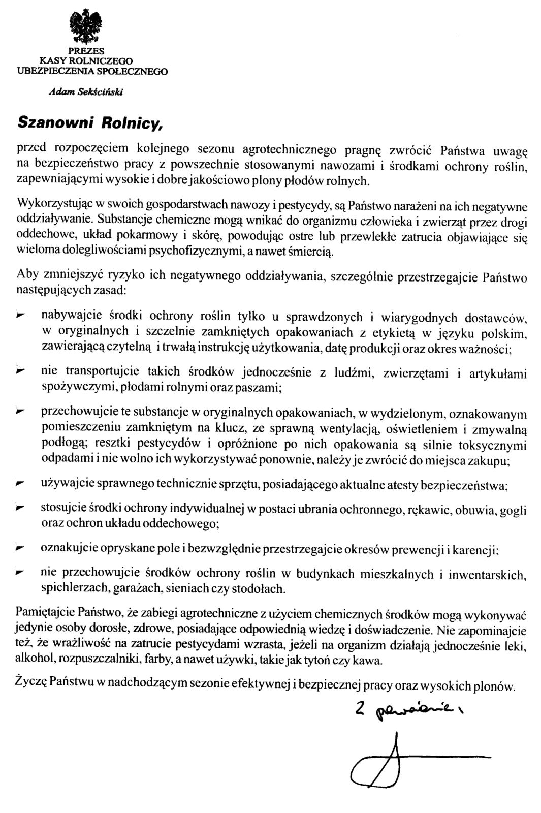 List Prezesa KRUS do rolników