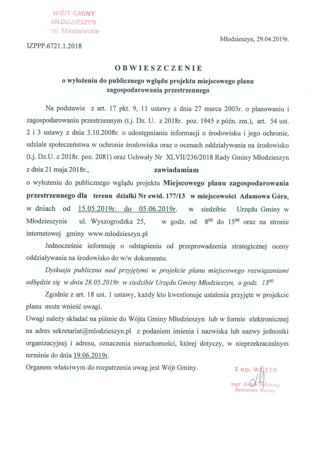 Obwieszczenie o wyłożeniu do publicznego wglądu projektu Miejscowego planu zagospodarowania przestrzennego dla terenu  działki 177/13 w miejscowości Adamowa Góra.