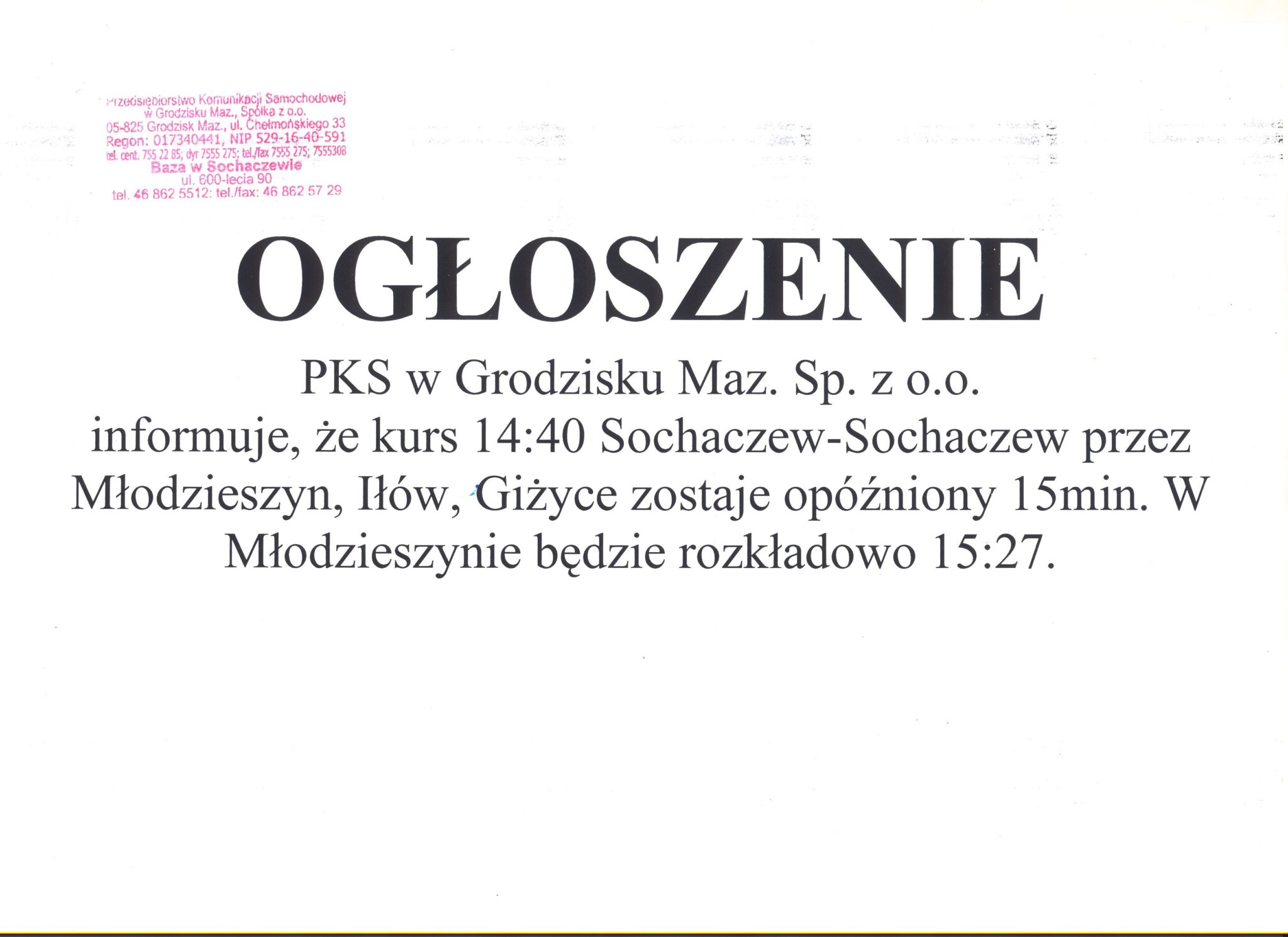 Zmiana godziny kursu autobusu