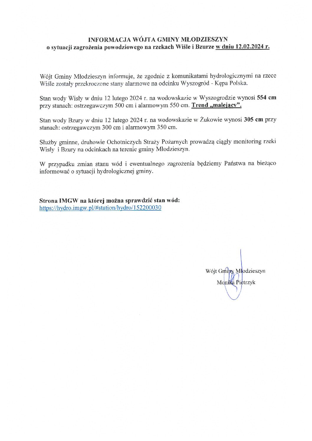 INFORMACJA WÓJTA GMINY MŁODZIESZYN o sytuacji zagrożenia powodziowego na rzekach Wiśle i Bzurze w dniu 12.02.2024 r.