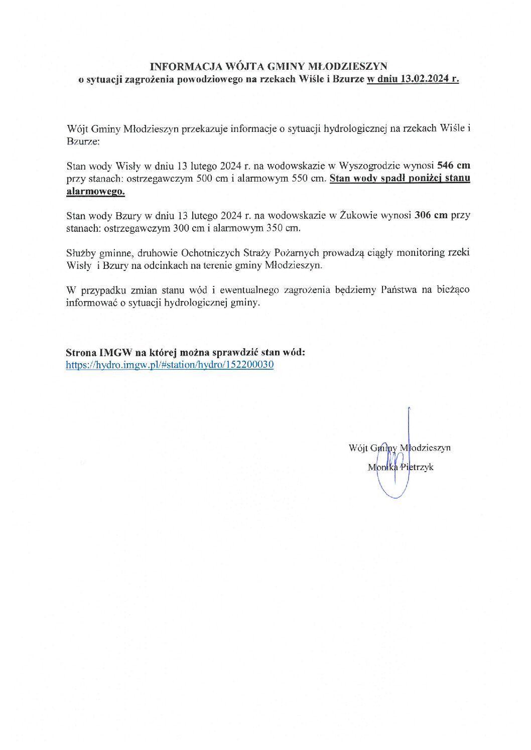 INFORMACJA WÓJTA GMINY MŁODZIESZYN o sytuacji zagrożenia powodziowego na rzekach Wiśle i Bzurze w dniu 13.02.2024 r.