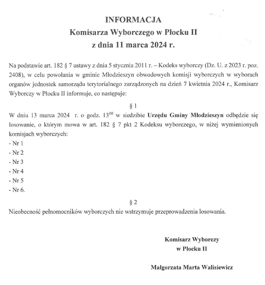 INFORMACJA Komisarza Wyborczego w Płocku II z dnia 11 marca 2024 r. w sprawie terminu losowań kandydatów do komisji wyborczych