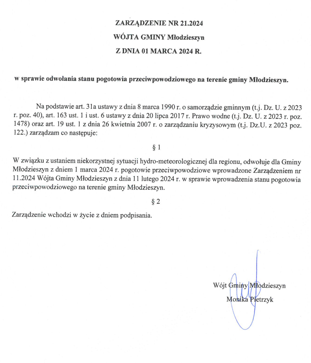 Informacja Wójta Gminy Młodzieszyn o odwołaniu stanu pogotowia przeciwpowodziowego na terenie gminy Młodzieszyn