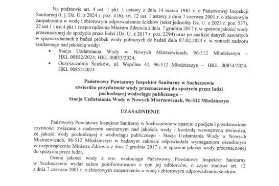 Ocena jakosci wody - SUW Nowe Mistrzewice