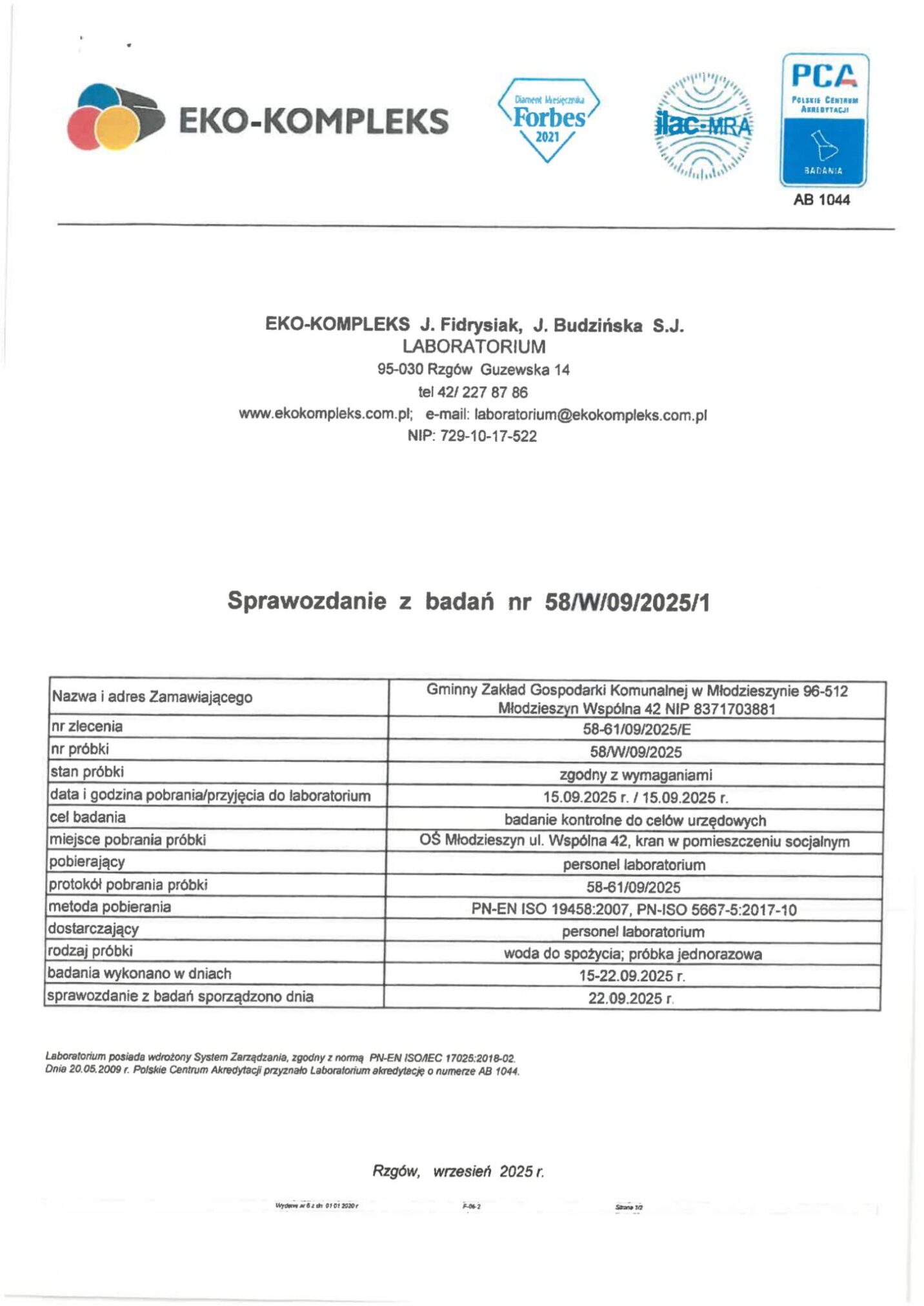 Sprawozdania z badań jakości wody uzdatnionej w SUW Młodzieszyn i SUW Nowe Mistrzewice